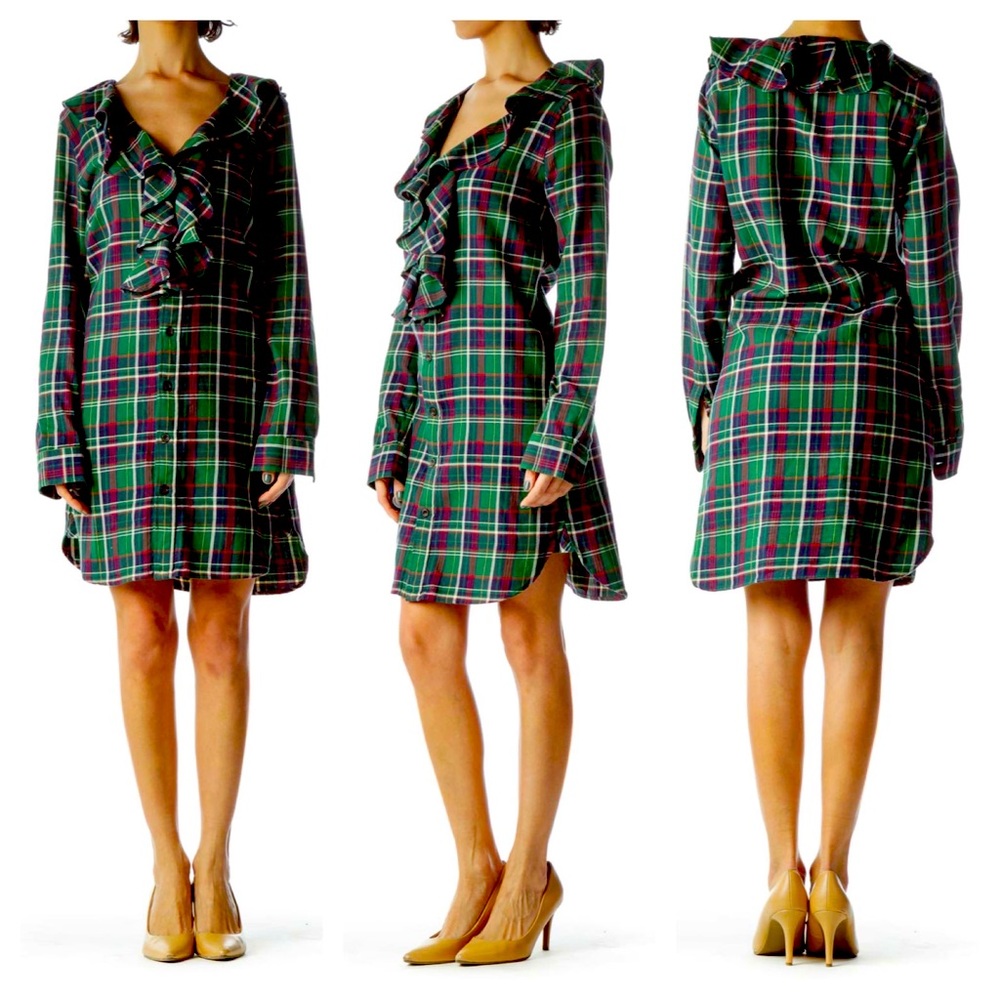055 Ralph Ralph Lauren Rugby Tartan Plaid Ruffled Flannel Shirt Dress. Size XS